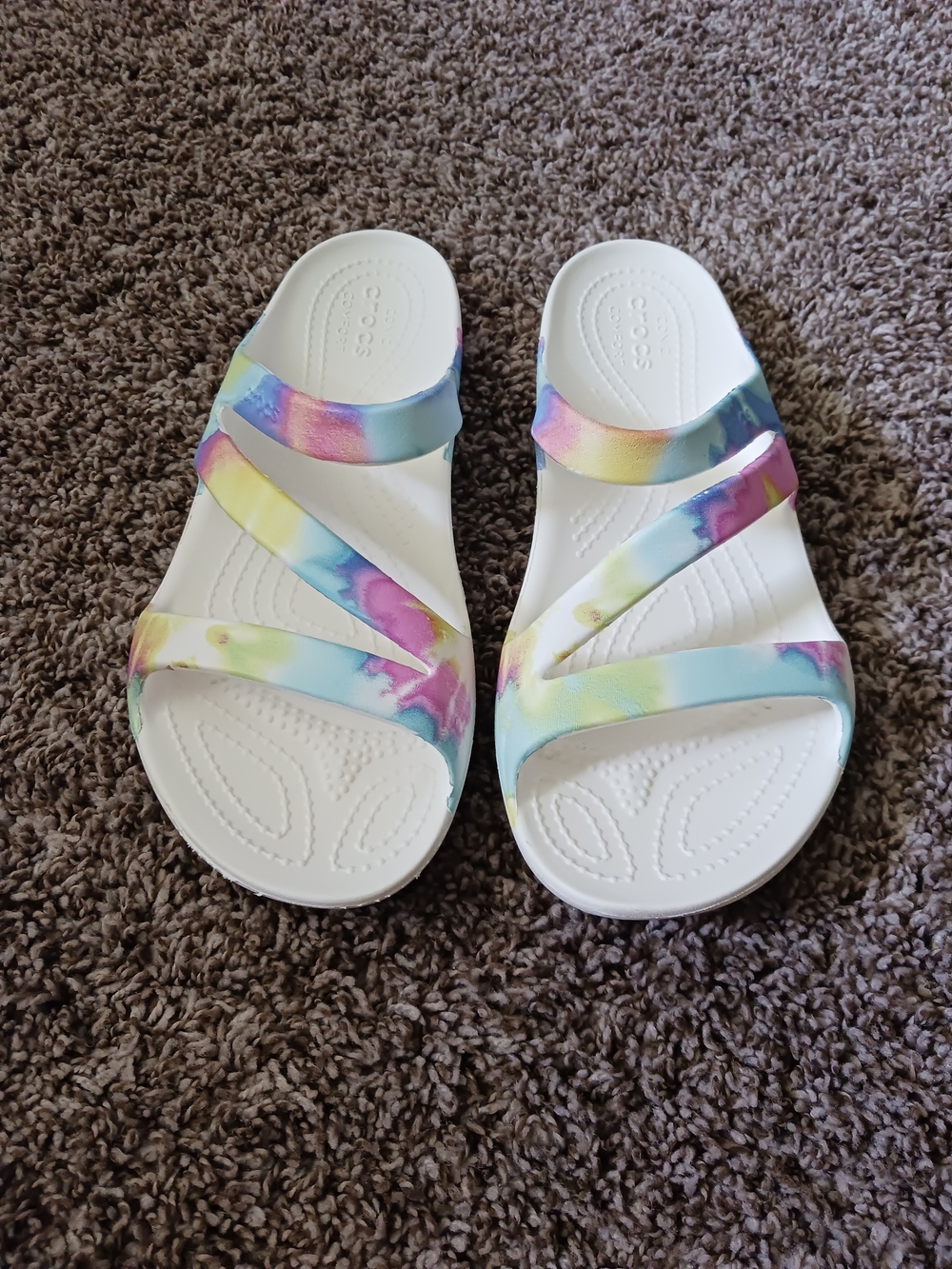 CROCS Women's Kadee II White Slide Sandals with Tie-Dye Straps 7 - Picture 2 of 5